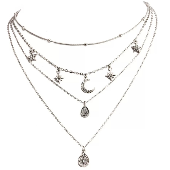Star Moon Crystal Silver Multi Strand Necklace - Picture 4 of 4
